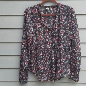 Roxy Sheer Black Floral  Button down Top size Medium